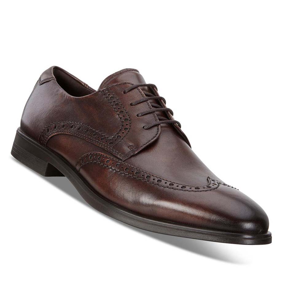 Men's Ecco Melbourne Wingtip Tie Dress Shoes Brown | USA 523PJJ